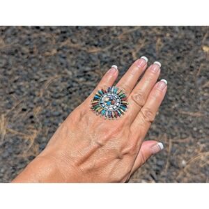 Zuni Petite Needlepoint Ring Multi Stones‎ Cluster Native Am Jewelry Sz 7US**